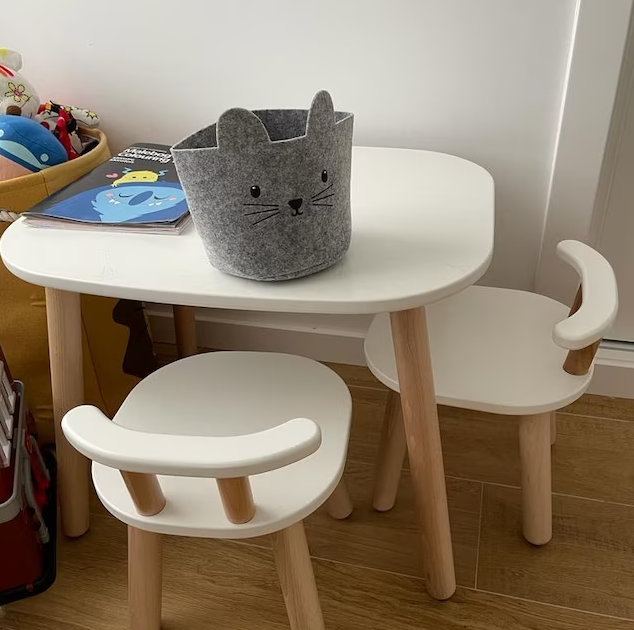 White Wooden Kid's Table and Two Chairs Set - Beech Wood