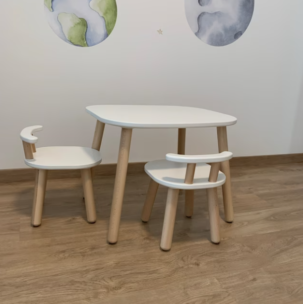 White Wooden Kid's Table and Two Chairs Set - Beech Wood