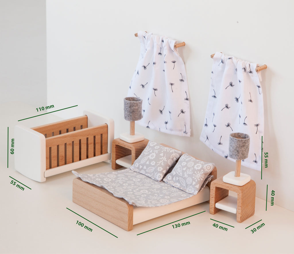 Wooden Dollhouse Furniture - Bedroom Set